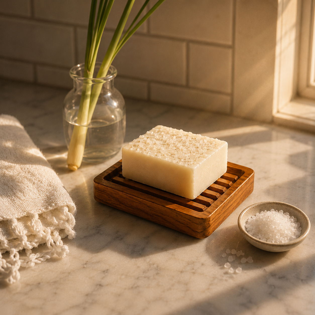 Bathique Club monthly soap subscription — lemongrass sea salt bar on wooden tray, artisan Mumbai