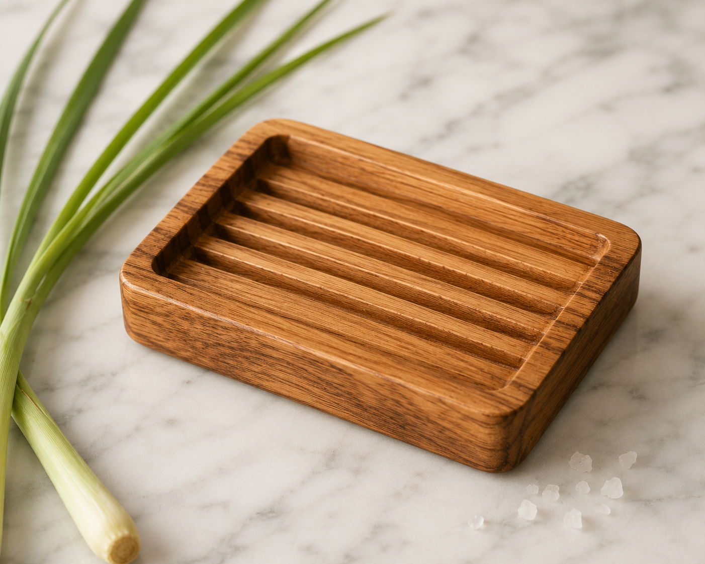 Bathique Club luxury teak wooden soap tray with carved drainage channels — 11cm x 8cm