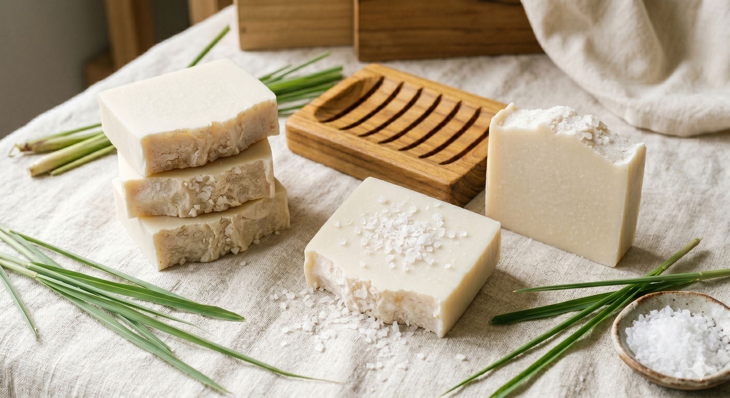Bathique Club artisan cold-pressed soap bars with lemongrass essential oil and Himalayan sea salt